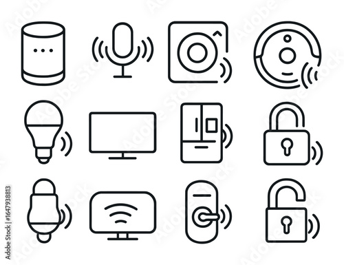 Smart Home Icon Grid. Outline icon set of voice-activated home appliances: smart speaker, voice wave, smart