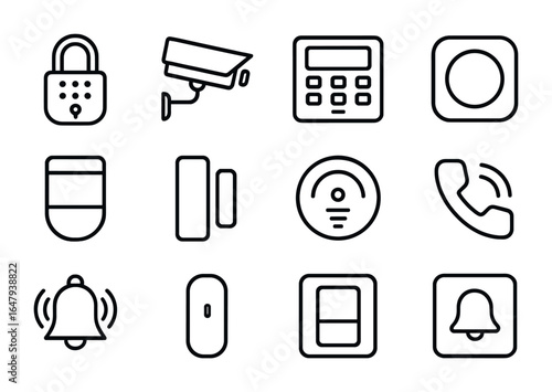 Smart Security Icons. Outline icon set of security and safety smart devices: smart lock, security camera,