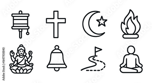 Silk Road Religion Icons. Outline icon set of Silk Road religions and beliefs: Buddhist prayer wheel,
