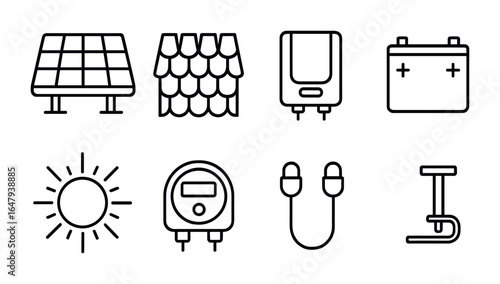 Solar Roofing Icons. Outline icon set of solar roofing systems: solar panel, roof shingles, inverter, battery