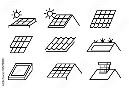 Solar Roof Icon Set. Outline icon set of solar roofing types: flat roof, pitched roof, solar tiles, solar