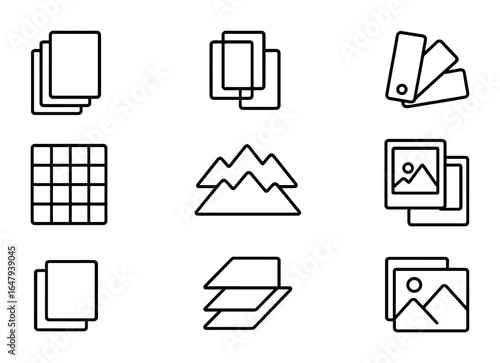 Layered Icon Set. Outline icon set of layered visuals: stacked papers, transparent sheets, color swatches,