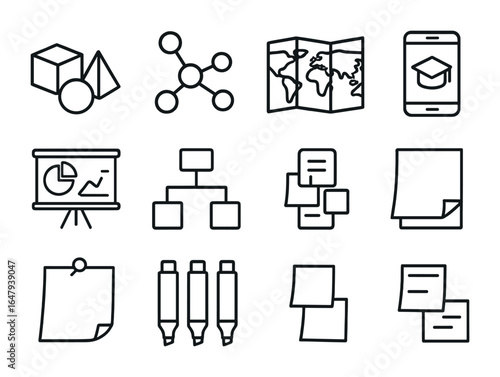 Learning Aids Icon Set. Outline icon set of learning aids: educational toys, models, maps, charts, diagrams,