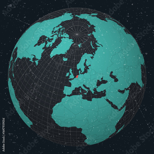 Netherlands on Globe. Vintage look with grunge scratched texture. Country view on world map in Dark Charcoal Turquoise color palette. Netherlands shape on map. Globe with meridians and parallels.