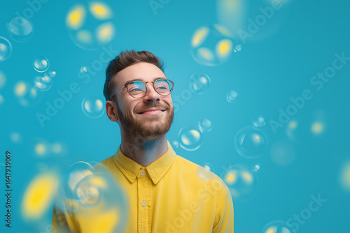 man blowing bubbles