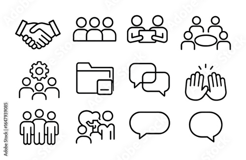 Collaborative Learning Icons. Outline icon set of collaborative learning: handshake, group of students, shared