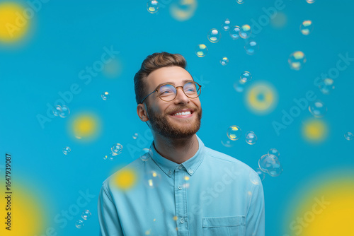 man blowing bubbles