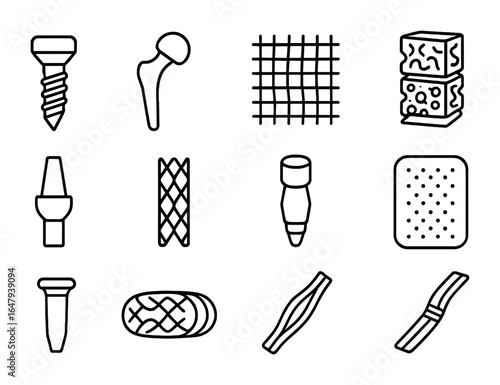 Biomaterials Icons Grid. Outline vector icons of biomaterials for implants: titanium screw, ceramic hip joint,
