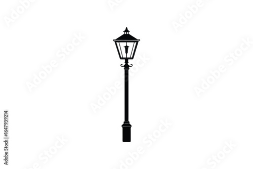 A black street lamp post with a classic lantern style and plain white background silhouette