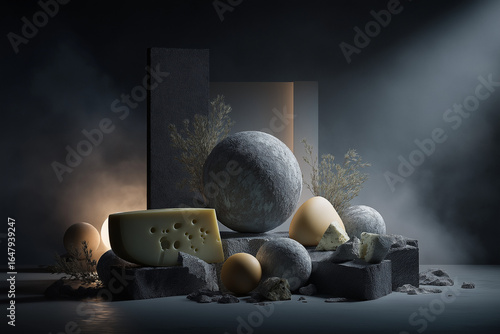 A very futuristic still life of new cheeses, some with mold, with dim lighting and some volumetric elements, with a gray and minimalist background.