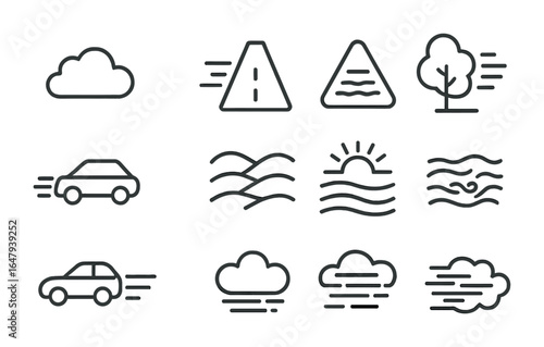 Foggy Weather Icons. Outline vector icons of foggy weather: mist cloud, foggy road, low visibility sign, damp