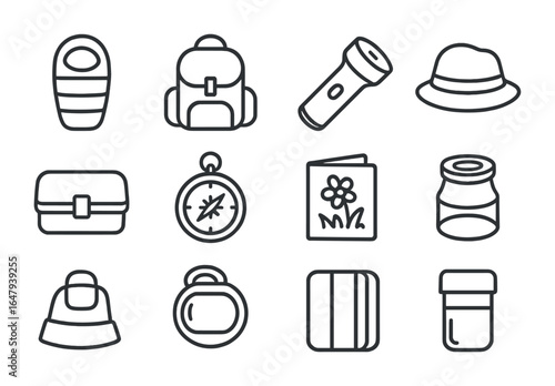Kids Camping Icons. Outline vector icons of kids camping gear: child-size sleeping bag, mini backpack,