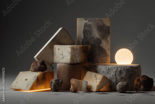 A very futuristic still life of new cheeses, some with mold, with dim lighting and some volumetric elements, with a gray and minimalist background.