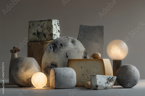 A very futuristic still life of new cheeses, some with mold, with dim lighting and some volumetric elements, with a gray and minimalist background.