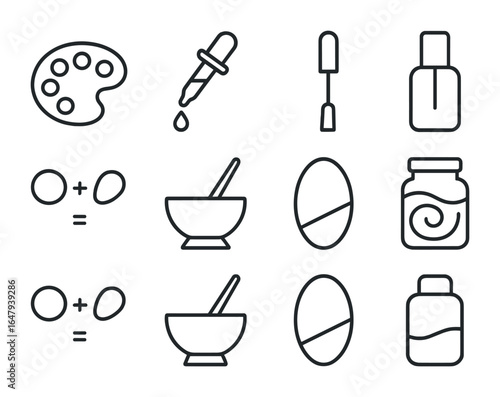 Color Mixing Icons. Outline vector icons of color mixing and custom polish: mixing palette, pigment dropper,