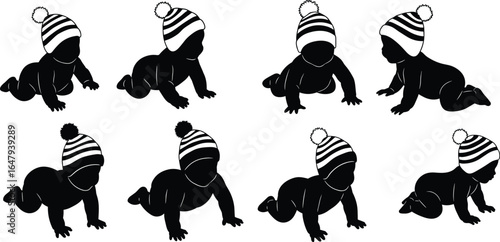 Baby crawling silhouette set, cute infant in winter hat, toddler crawling vector, newborn movement pose, black silhouette baby icon design