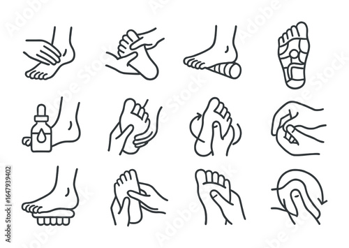 Foot Reflexology Icons. Outline vector icons of foot massage and reflexology: arch press, toe stretch, foot