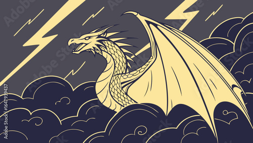 Golden Flame Dragon Soaring over Storm Clouds – Epic Fantasy Vector Illustration with Lightning Strikes