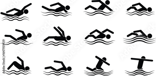 Swimming icon set, black silhouette swimmer, aquatic sports symbols, water activity pictogram, swim stroke illustrations, fitness exercise icons, isolated vector graphics