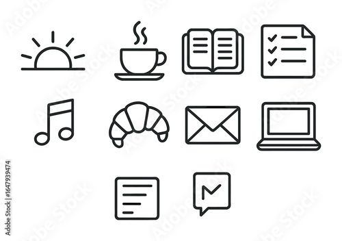 Morning Café Routine Icons. Outline vector icons of productive morning routines in cafes: sunrise icon, coffee