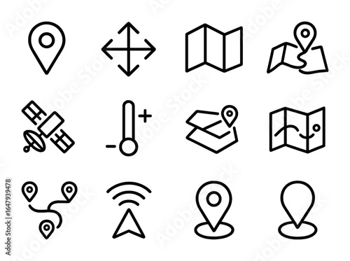 Digital Mapping Icons. Outline vector icons of digital mapping tools: pin drop, drag icon, map layers, route