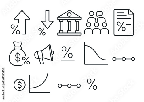 Interest Rate Icons. Outline vector icons of interest rate management: rate increase arrow, rate cut icon,