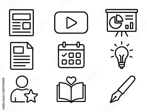Marketing Tools Icons. Outline vector icons of content marketing tools: blog post, video icon, infographic