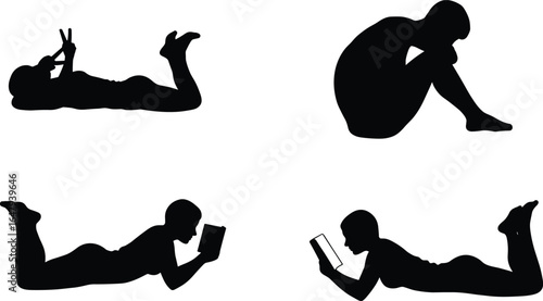 Silhouette of people reading books and using phone, relaxing poses, lying down, leisure activity, learning time, peaceful moment, lifestyle concept, black  