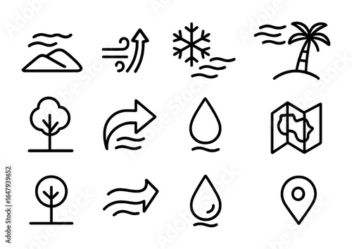 Climate Zone Icons. Outline vector icons of climate zones and wind patterns: desert wind, monsoon arrow, polar