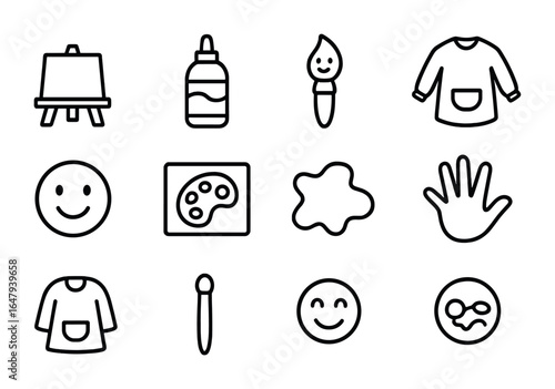 Kids Art Icons. Outline vector icons of kids’ live painting events: mini easel, washable paint, cartoon brush,