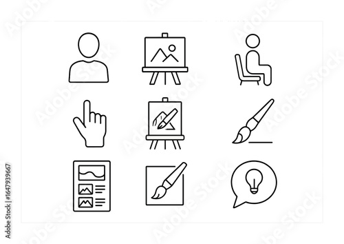 Painting Workshop Icons. Outline vector icons of painting workshops and demos: instructor figure, tutorial
