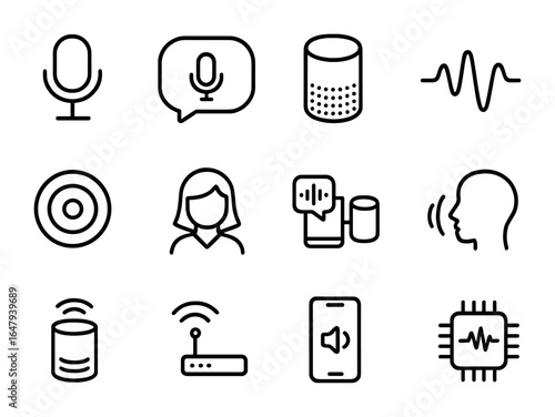 Voice-Control Icon Set. Outline vector icons of voice-controlled devices: microphone icon, voice command