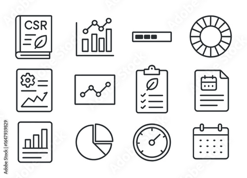 Impact Measurement Icons. Outline vector icons of impact measurement and reporting: CSR report, data graph,