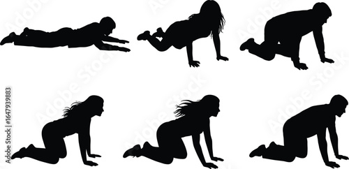 Silhouette of people crawling in various positions, black vector illustration, human movement poses, exercise, training, body motion, sports, and fitness design