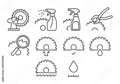 Saw Blade Tool Icons. Outline vector icons of saw blade maintenance: blade sharpener, resin remover, blade
