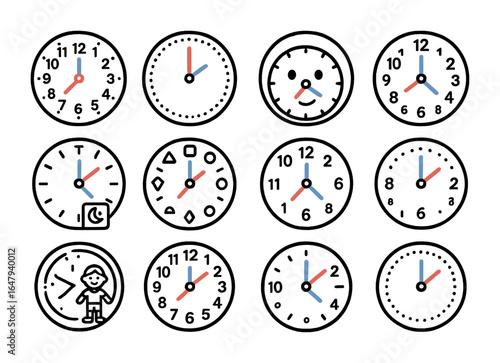 Kids' Learning Clock Icons. Outline vector icons of kids' learning clocks: color-coded hands, large numbers,
