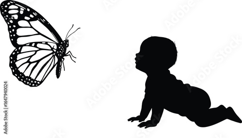 Silhouette of crawling baby watching butterfly, childhood wonder, nature interaction, curiosity moment, wildlife insect, vector illustration, innocence, outdoor exploration, black outline
