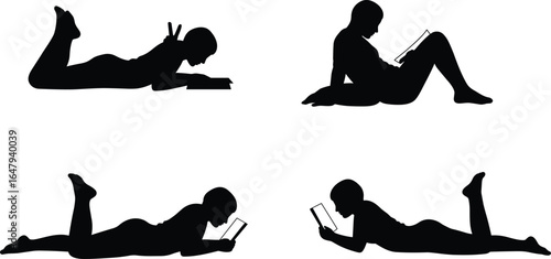 Silhouette of people reading, lying down with books, relaxing study poses, black vector, education concept, learning art, leisure reading design, male female 