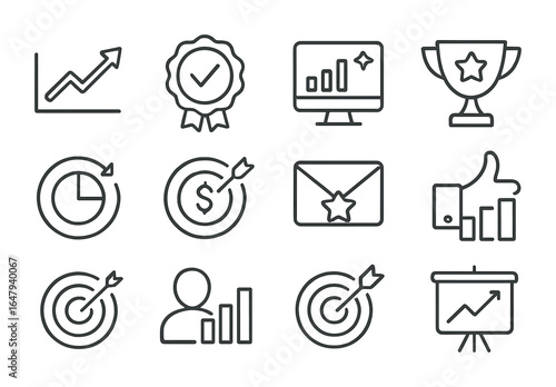 Success Metrics Icons. Outline vector icons of success metrics celebration: rising graph, checkmark badge,