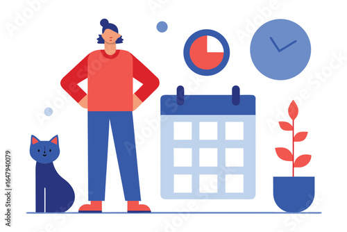 Woman with cat calendar and clock on white background, woman, cat, calendar, clock, time, planning, schedule, organization, pet, domestic animal, feline, mammal, animal, illustration, graphic, design,