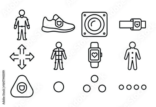 Motion Tracking Icons. Outline vector icons of motion tracking gear: full-body tracker, foot sensors, motion