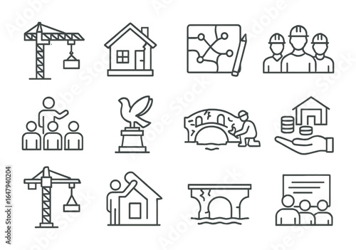Post-Conflict Rebuilding Icons. Outline vector icons of post-conflict rebuilding: construction crane, repaired