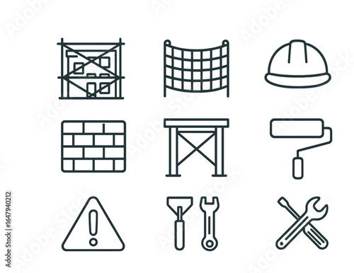 Construction Tools Icons. Outline vector icons of building facade under scaffolding: scaffold frame, safety