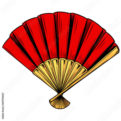 Red fan with gold details, decorative arts, cultural accessory, traditional design on a transparent background