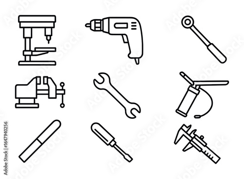 Workshop Tools Icons. Outline vector icons of mechanical workshop equipment: drill press, electric drill, vise
