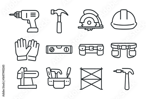 Construction Tools Icons. Outline vector icons of construction equipment: electric drill, hammer, circular saw