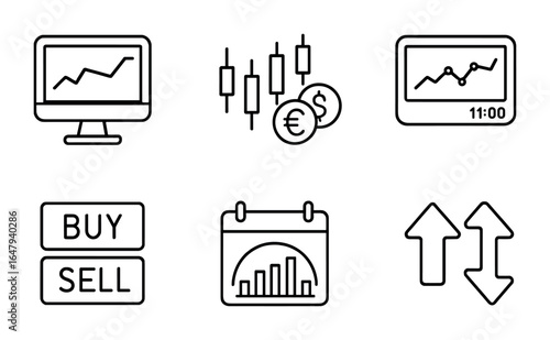 Forex Trading Icons. Outline icon set of forex trading tools: trading platform, candlestick chart, currency