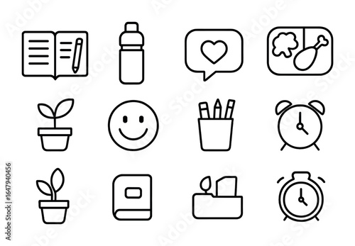 Self-Care Icon Set. Outline icon set of self-care at work: journal entry, water bottle, positive mantra,