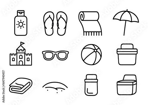 Beach Vacation Icons. Outline icon set of beach vacation planning: sunscreen bottle, flip-flops, beach towel,