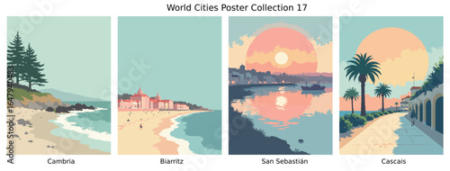 Cambria , Biarritz , San Sebastián , Cascais  ci Flat Vector Poster Collection